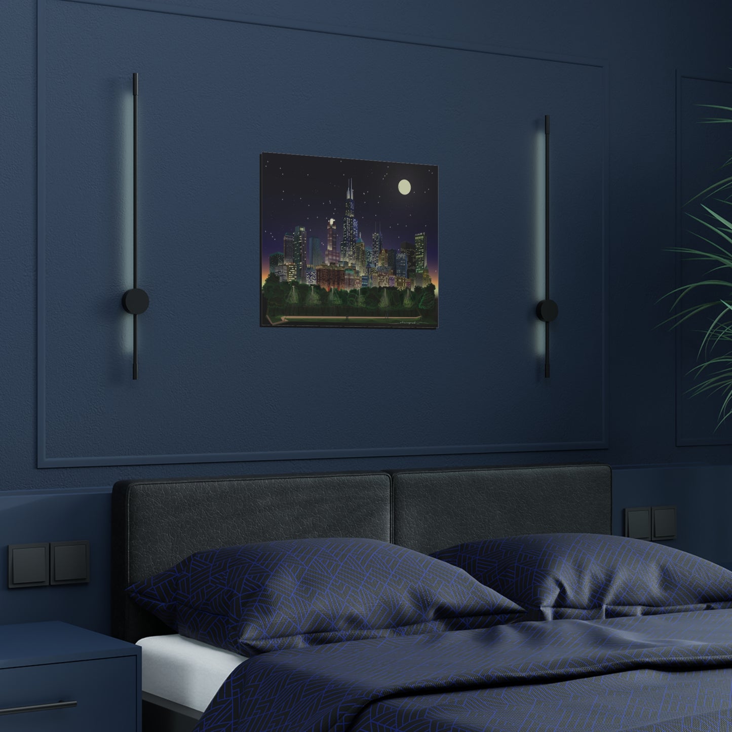 Full Moon Night Chicago [Illustration Art Print]