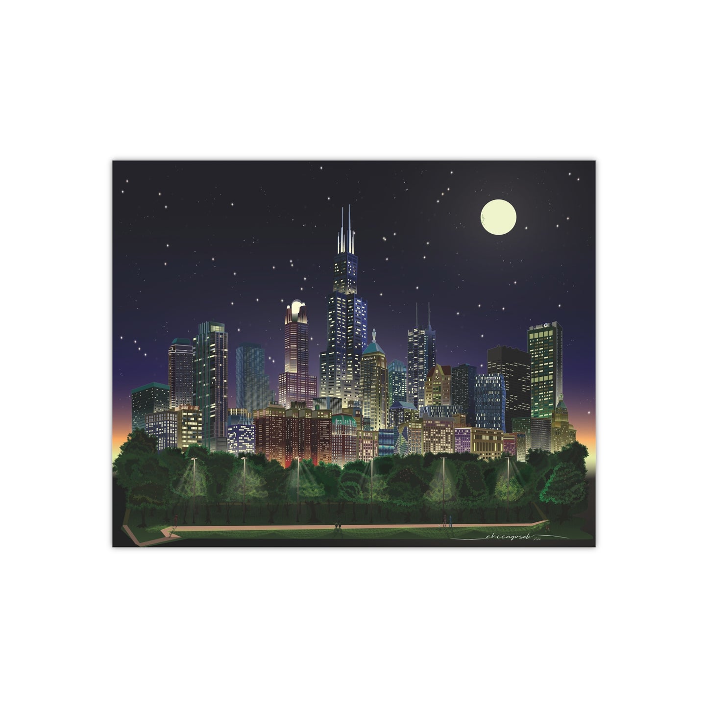 Full Moon Night Chicago [Illustration Art Print]