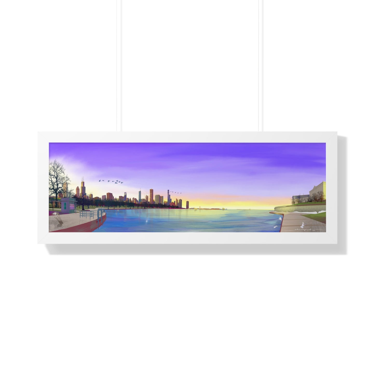 Chicago Winter Sunset Pano [Framed Illustration Art Print]