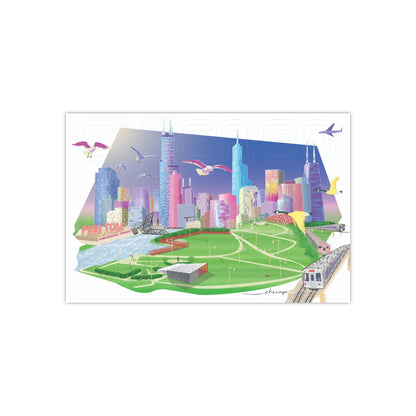 Single poster, no frame, of an elegant view of Ping Tom Park, one of my favorite parks in Chicago. The overall design is inspired by the retro aesthetics of the 80s and 90s. The bright and soothing color palette is light and airy with soft pastel tones and textures. The cityscape is seen in the background with some of Chicago's most iconic buildings like the Sears (Willis) Tower, 401 N Wabash, The Board of Trade building, John Hancock and more!