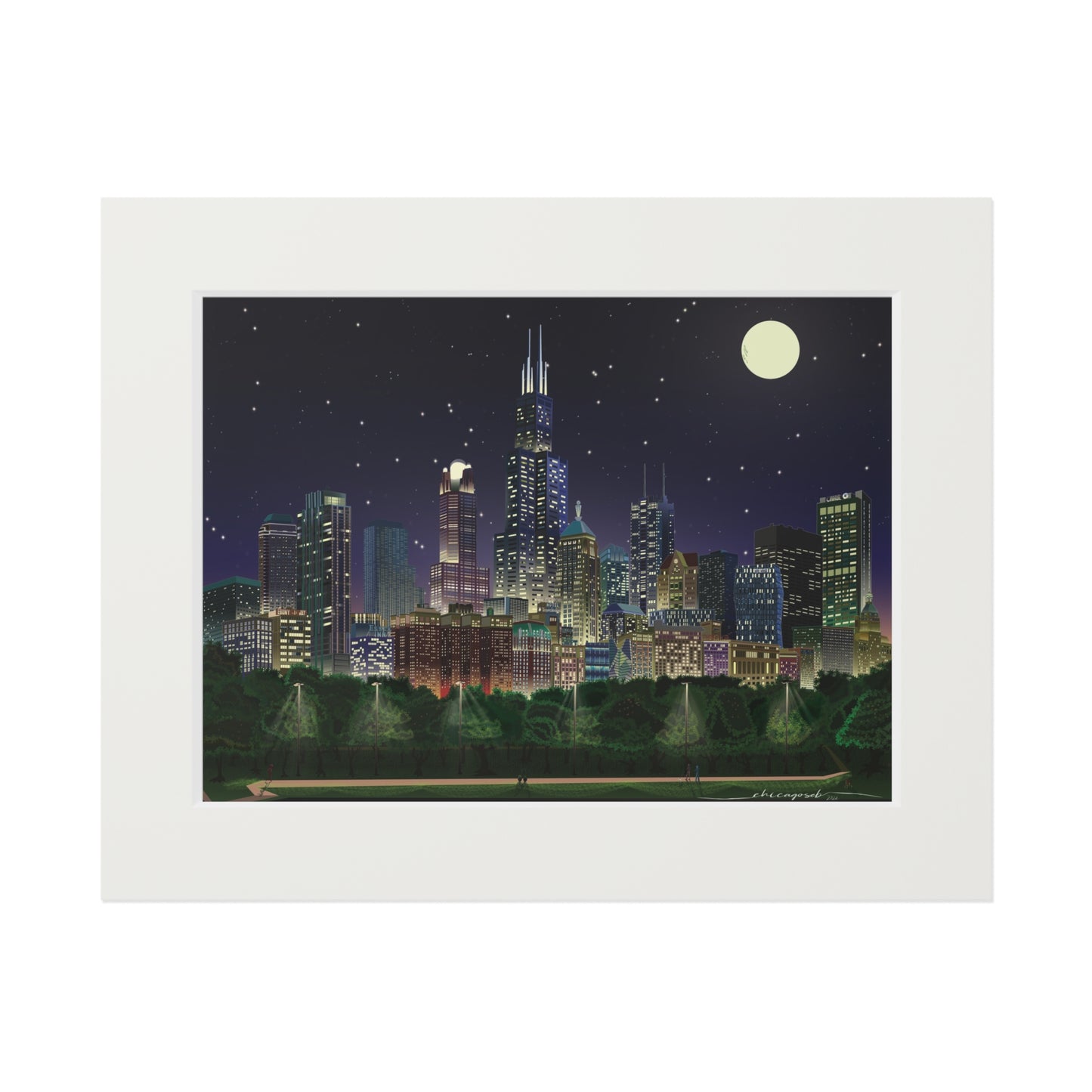 Full Moon Night Chicago [Paper Framed Art Print]