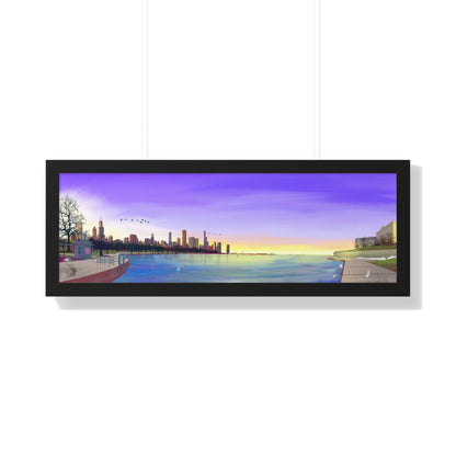 Chicago Winter Sunset Pano [Framed Illustration Art Print]