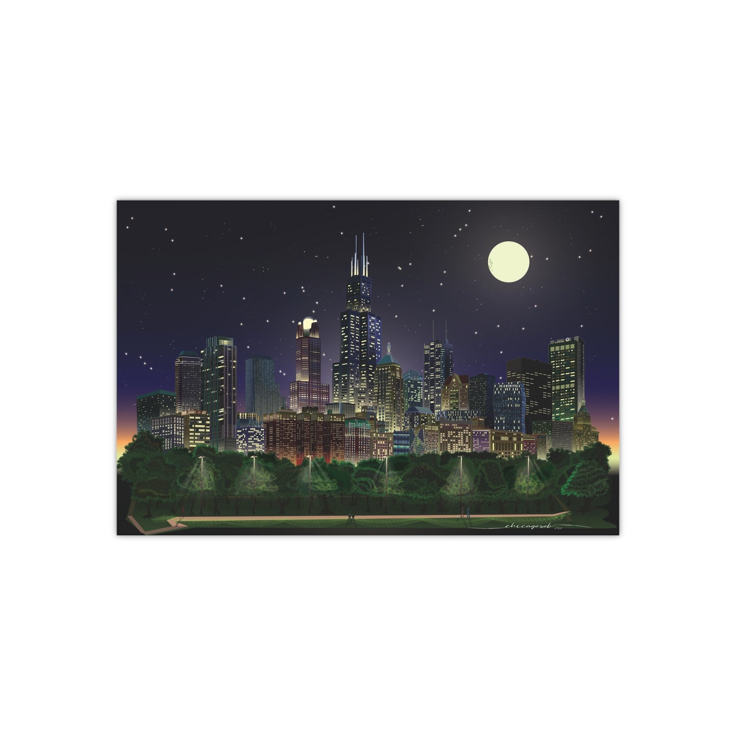 Full Moon Night Chicago [Illustration Art Print]