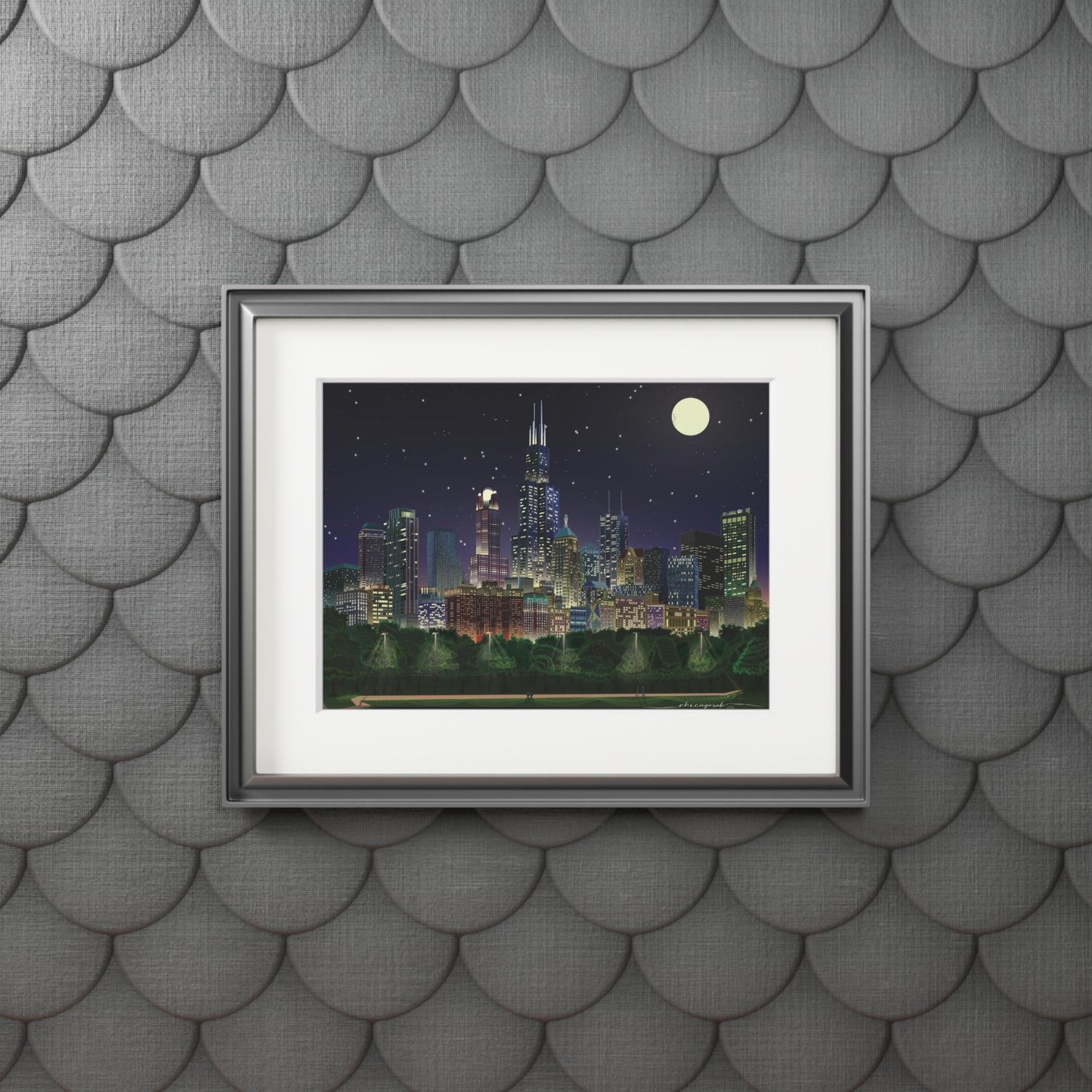 Full Moon Night Chicago [Paper Framed Art Print]