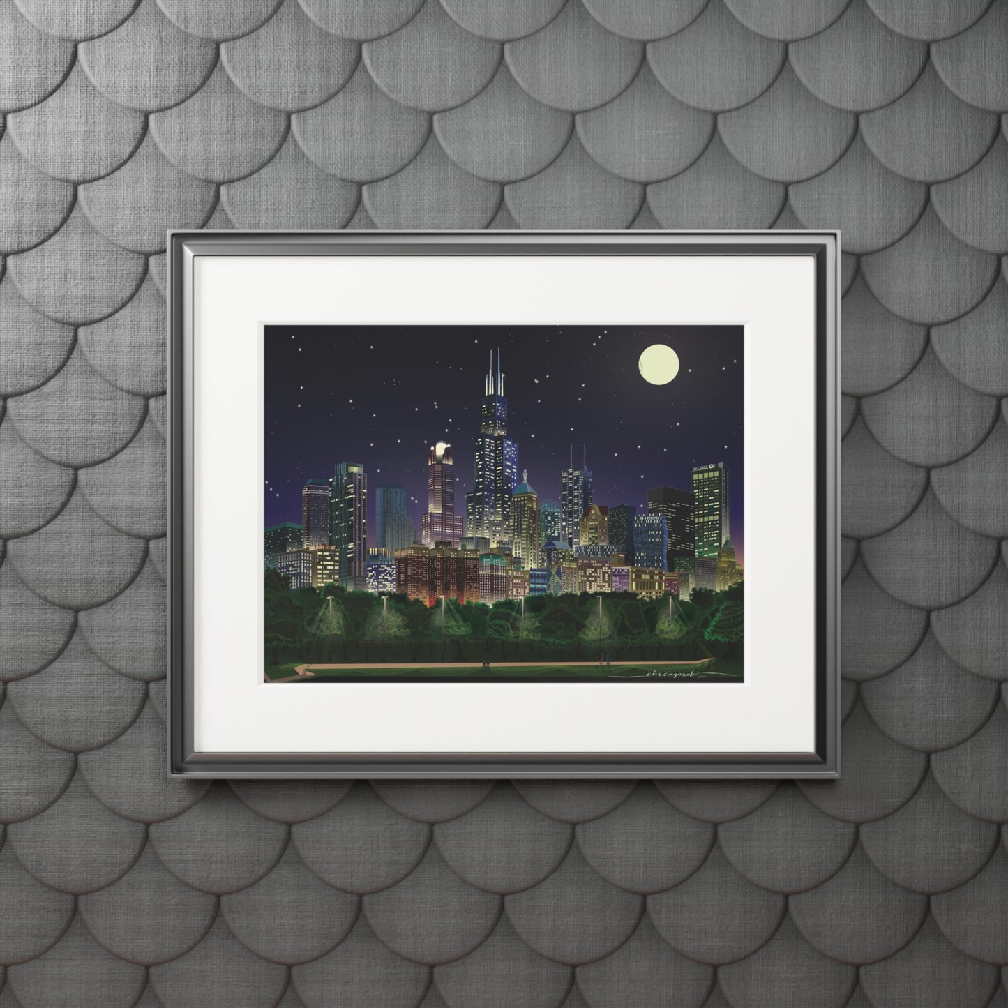 Full Moon Night Chicago [Paper Framed Art Print]