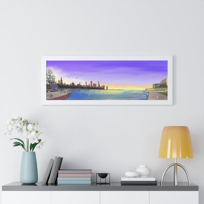 Chicago Winter Sunset Pano [Framed Illustration Art Print]