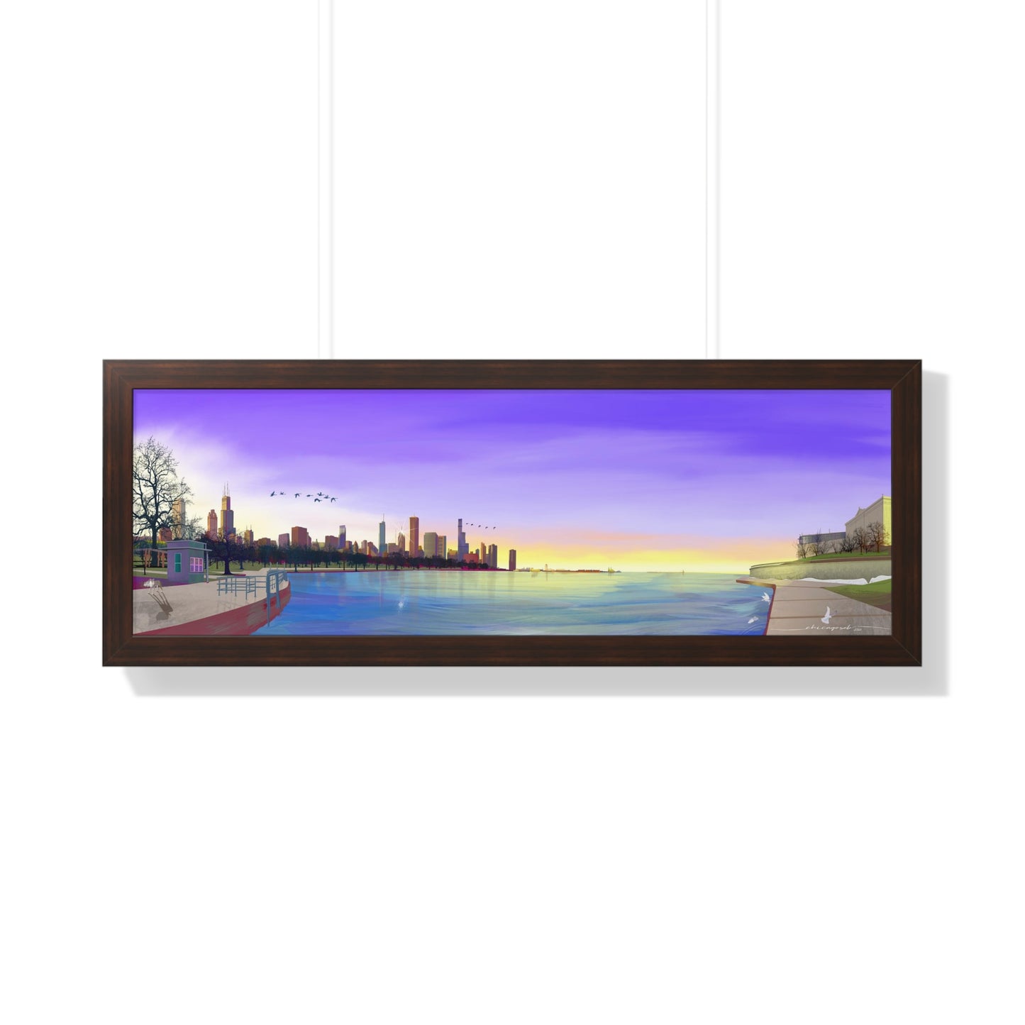 Chicago Winter Sunset Pano [Framed Illustration Art Print]