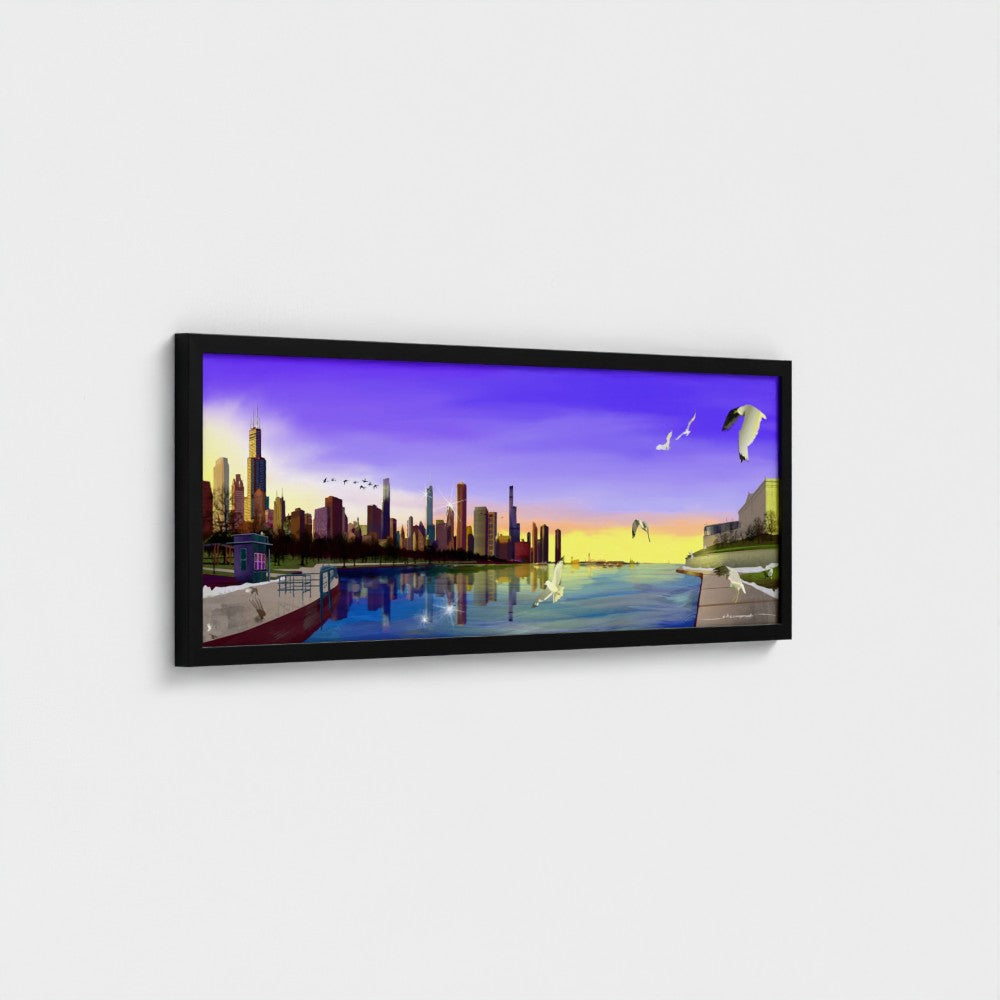 Chicago Winter Sunset Pano [Framed Illustration Art Print]