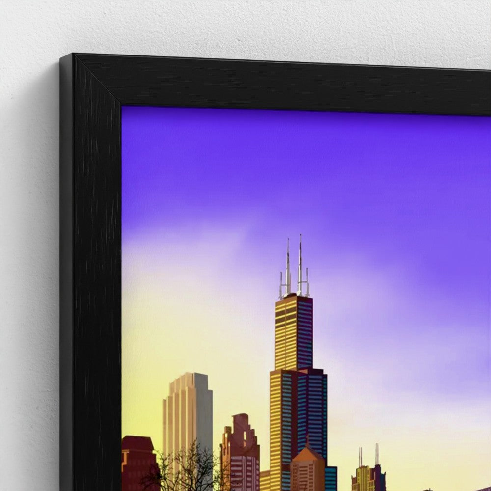 Chicago Winter Sunset Pano [Framed Illustration Art Print]