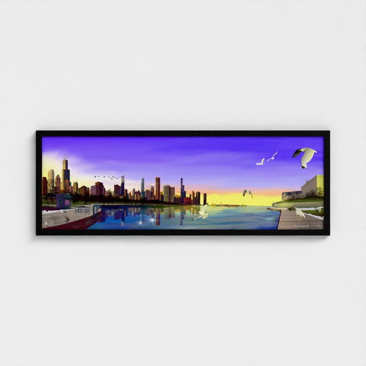 Chicago Winter Sunset Pano [Framed Illustration Art Print]