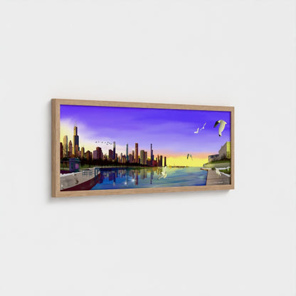 Chicago Winter Sunset Pano [Framed Illustration Art Print]