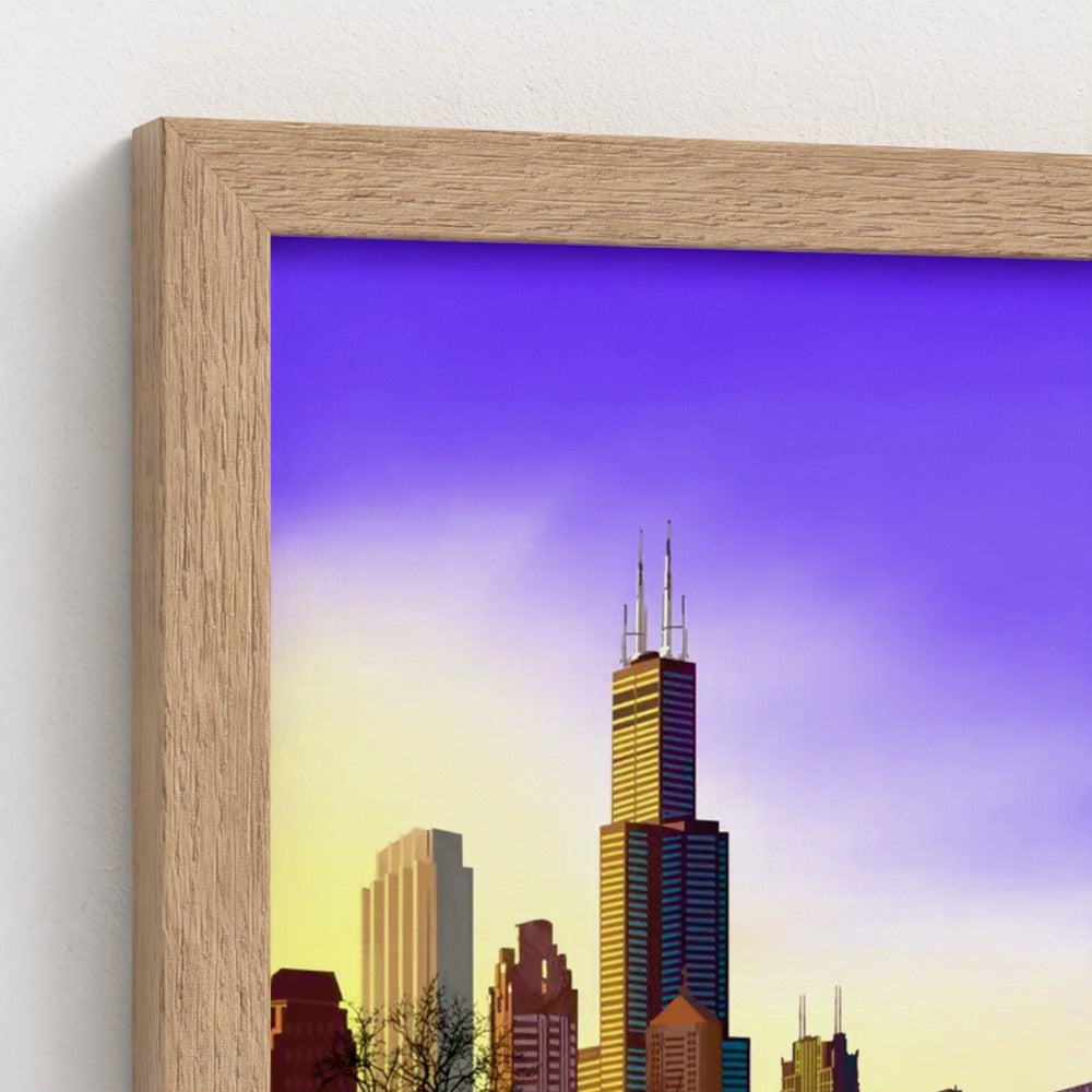 Chicago Winter Sunset Pano [Framed Illustration Art Print]