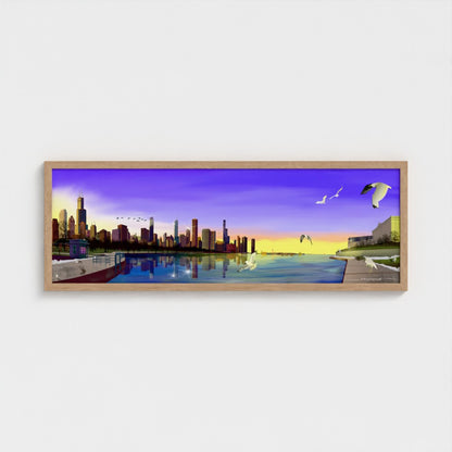 Chicago Winter Sunset Pano [Framed Illustration Art Print]