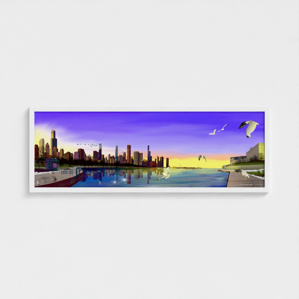 Chicago Winter Sunset Pano [Framed Illustration Art Print]