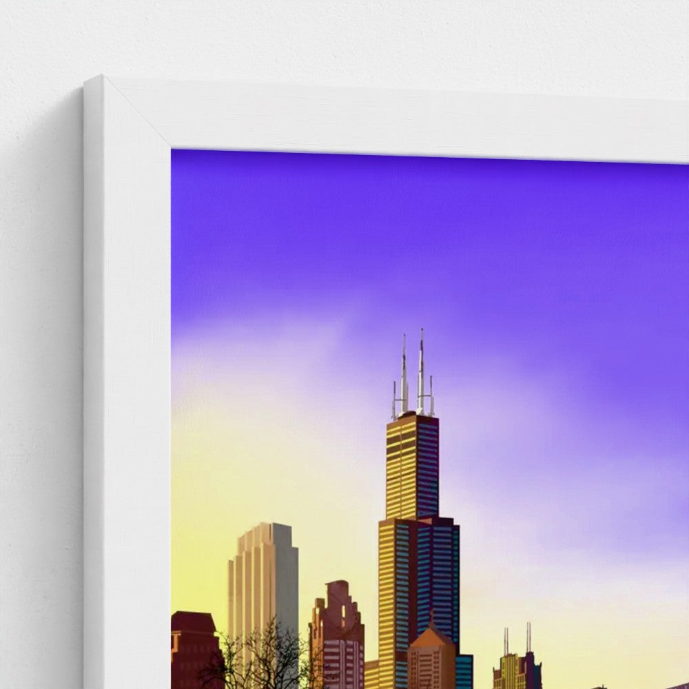 Chicago Winter Sunset Pano [Framed Illustration Art Print]