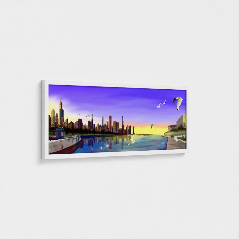 Chicago Winter Sunset Pano [Framed Illustration Art Print]