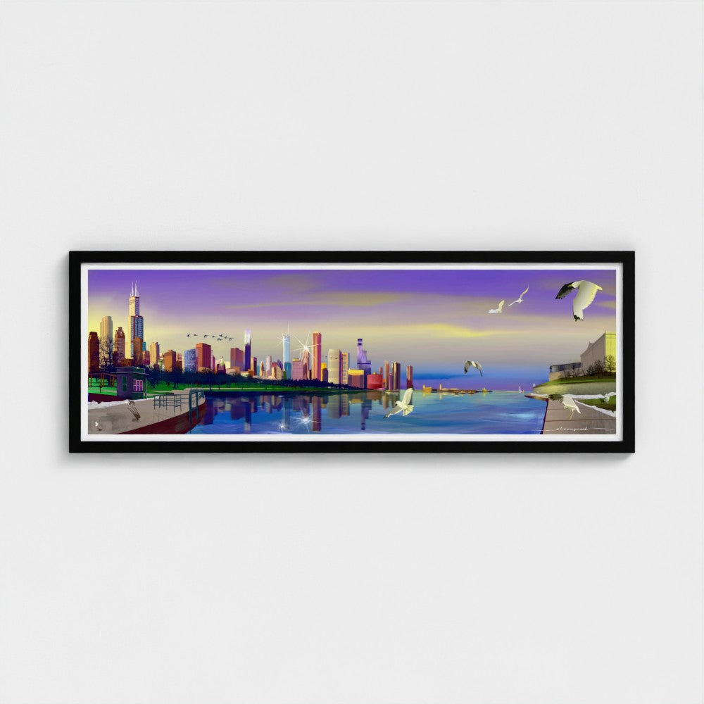 Chicago Winter Sunset Pano [Framed Illustration Art Print]