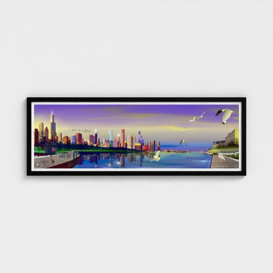 Chicago Winter Sunset Pano [Framed Illustration Art Print]