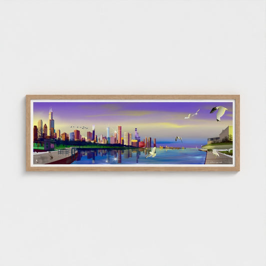 Chicago Winter Sunset Pano [Framed Illustration Art Print]