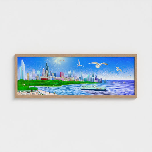 Chicago Summer Seagull Pano [Framed Illustration Art Print]