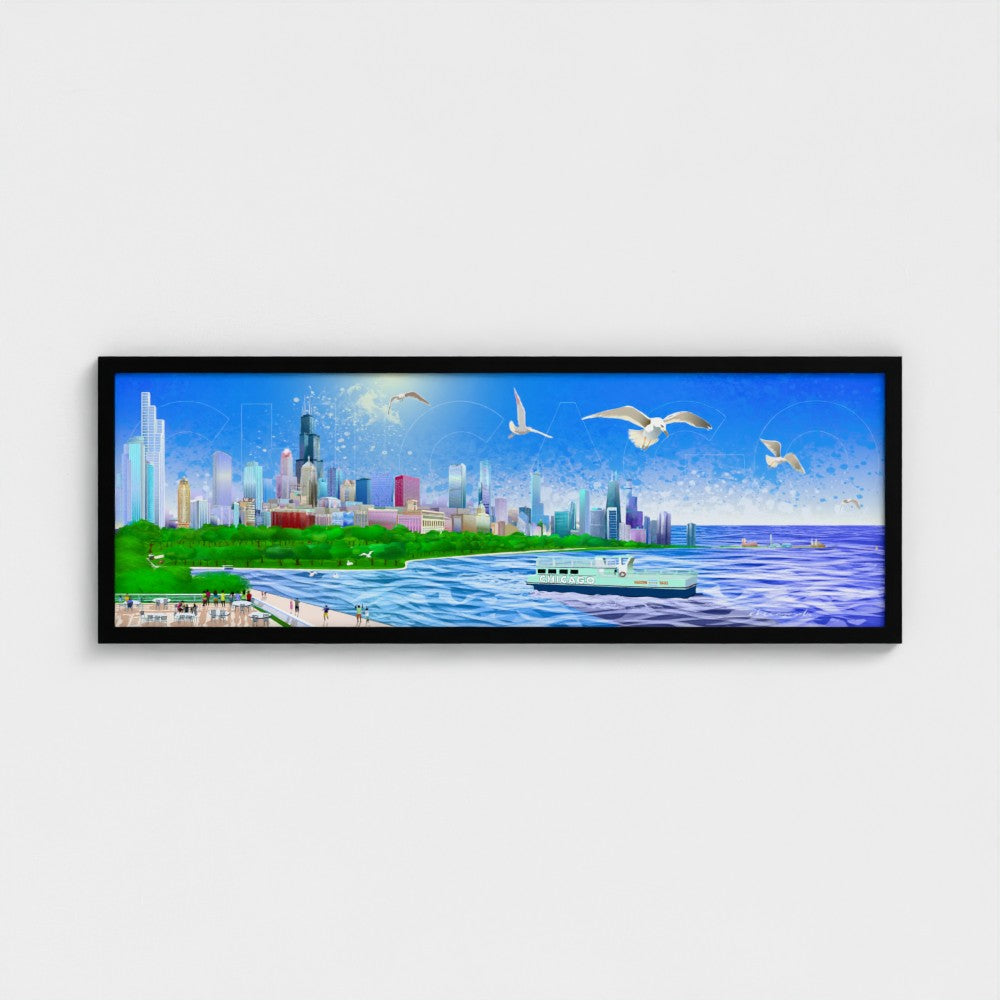 Chicago Summer Seagull Pano [Framed Illustration Art Print]