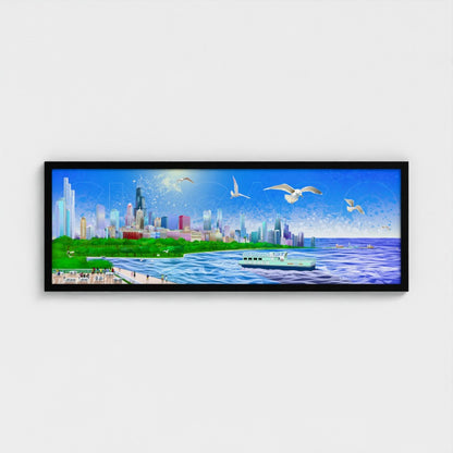Chicago Summer Seagull Pano [Framed Illustration Art Print]