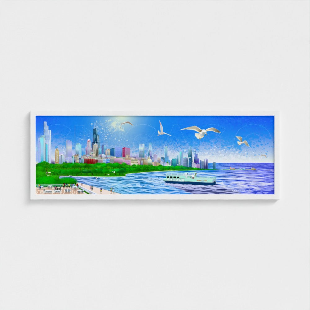 Chicago Summer Seagull Pano [Framed Illustration Art Print]