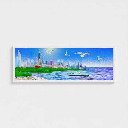 Chicago Summer Seagull Pano [Framed Illustration Art Print]