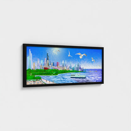 Chicago Summer Seagull Pano [Framed Illustration Art Print]