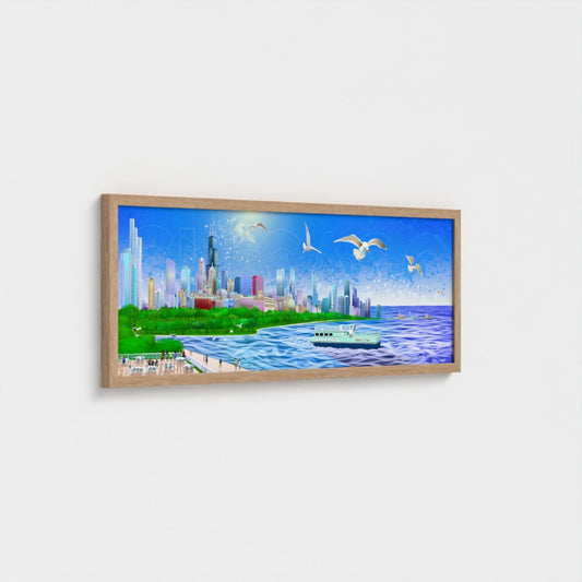 Chicago Summer Seagull Pano [Framed Illustration Art Print]