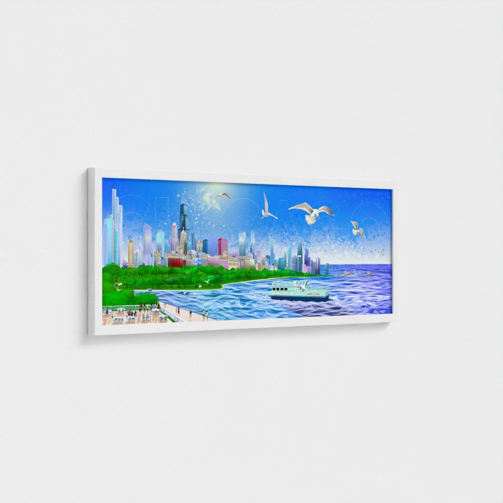 Chicago Summer Seagull Pano [Framed Illustration Art Print]